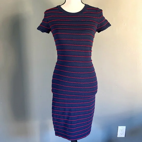 michael kors striped bodycon dress Michael Kors Navy Blue White Striped Bodycon Tank Sleeveless Dress L, NWOT